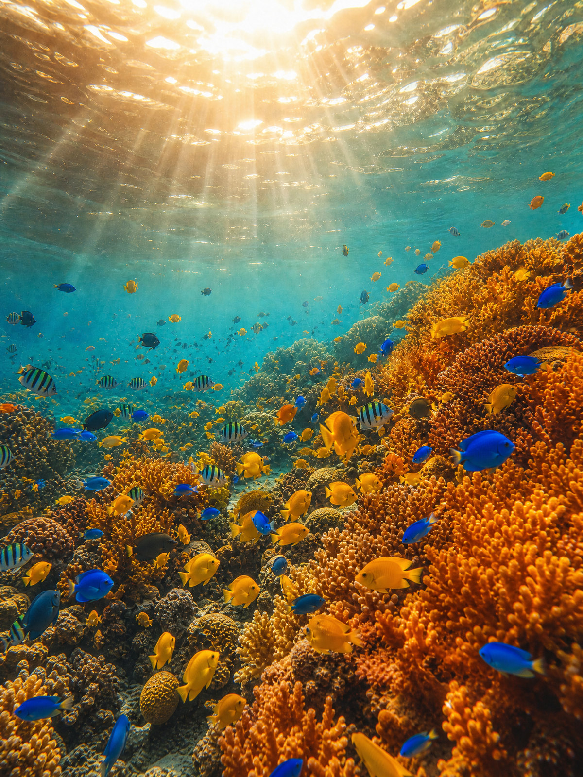 A vivid living coral reef teeming with yellow and blue fish